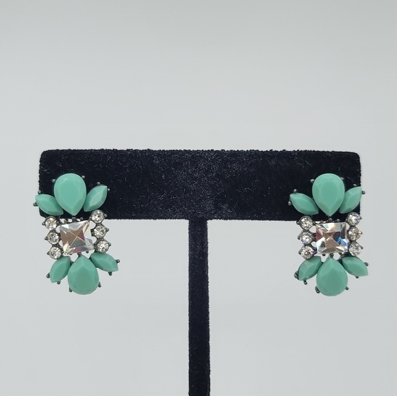 Mint Cabachon & Clear Crystal Earrings Hematite Tone Setting #1226 - Picture 8 of 11